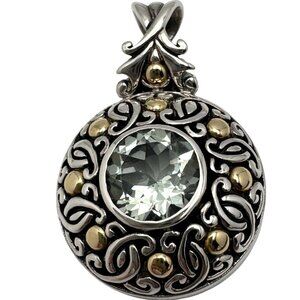 Bali Prasiolite Pendant Necklace Sterling Silver 18K Gold Scrollwork 16"